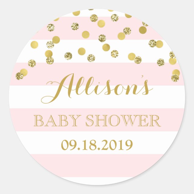 Pink Stripes Gold Confetti Baby Shower Favour Tag (Front)