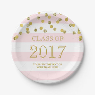 Pink Stripes Gold Confetti Graduation 2017 Paper Plate