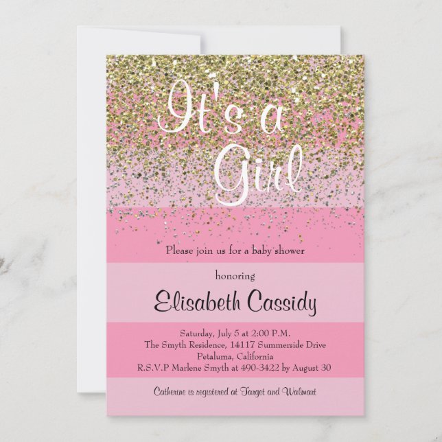 Pink Stripes & Gold Glitter Baby Shower Invite (Front)