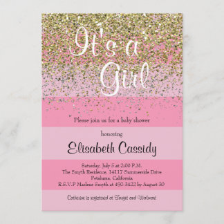 Pink Stripes & Gold Glitter Baby Shower Invite