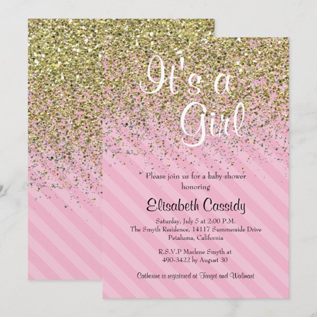 Pink Stripes & Gold Glitter Baby Shower Invite (Front/Back)