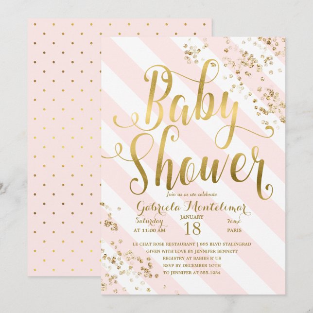 Pink Stripes Gold Glitter Confetti Baby Shower Invitation (Front/Back)