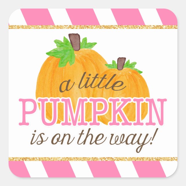 Pink Stripes Gold Little Pumpkin Fall Baby Shower Square Sticker (Front)
