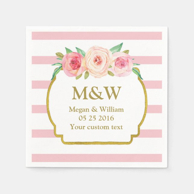Pink Stripes Gold Pink Floral Wedding Napkins (Front)