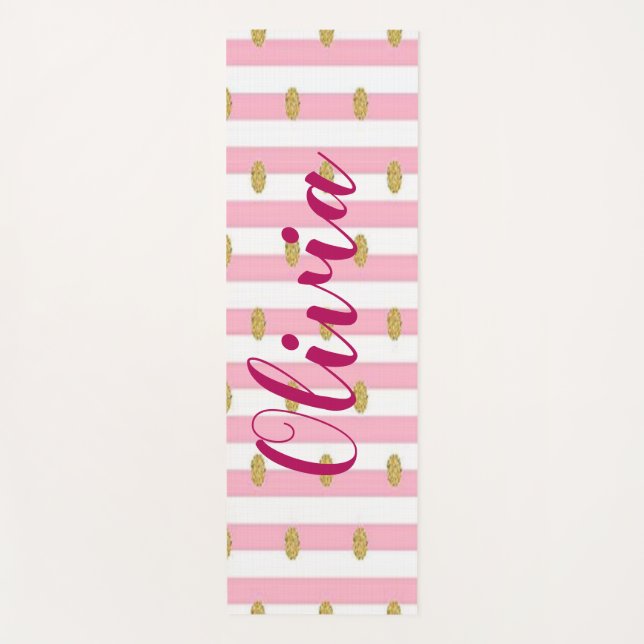 Pink Stripes & Gold Polkadot Personalised  Yoga Mat (Front)