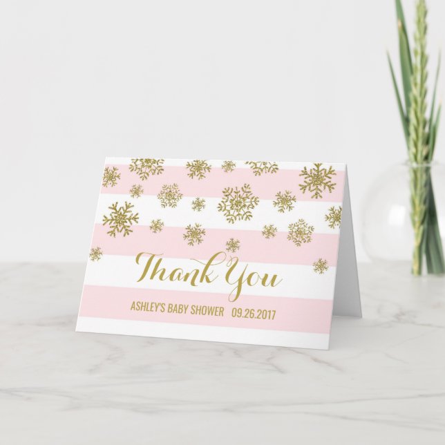 Pink Stripes Gold Snowflakes Baby Shower Thank You Card (Front)