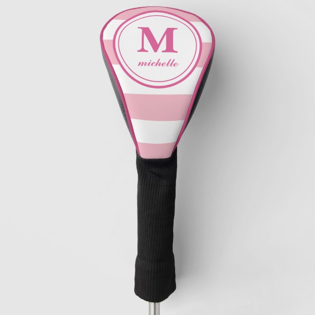 Pink stripes  | Golf | personalised NAME monogram Head Cover (Front)