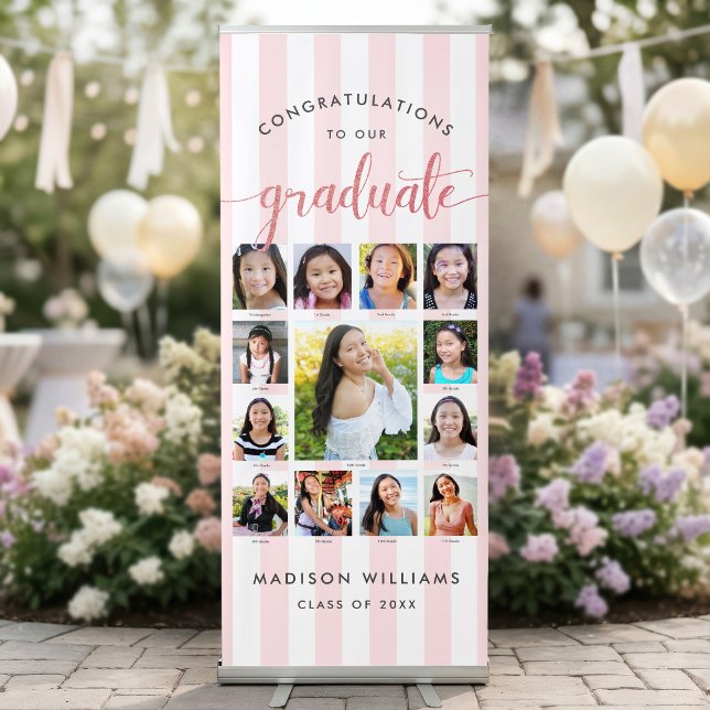 Pink Stripes Grad K–12 Rose Script Photo Collage Retractable Banner (Creator Uploaded)