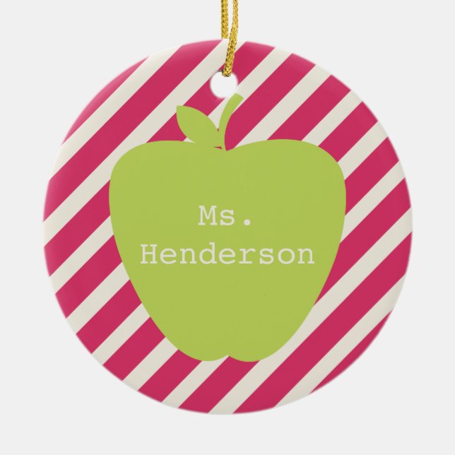 Pink Stripes & Green Apple Teacher Ceramic Tree Decoration (Front)