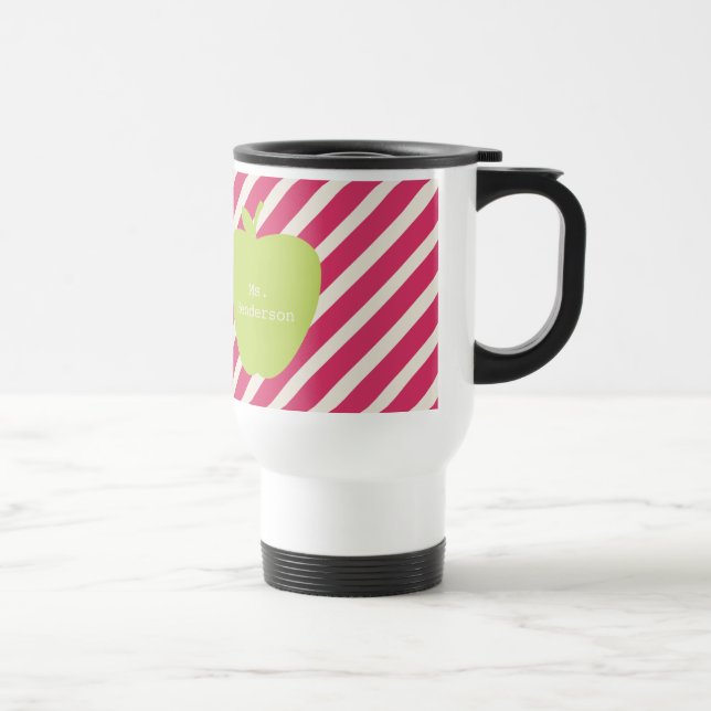 Pink Stripes & Green Apple Teacher Travel Mug (Right)