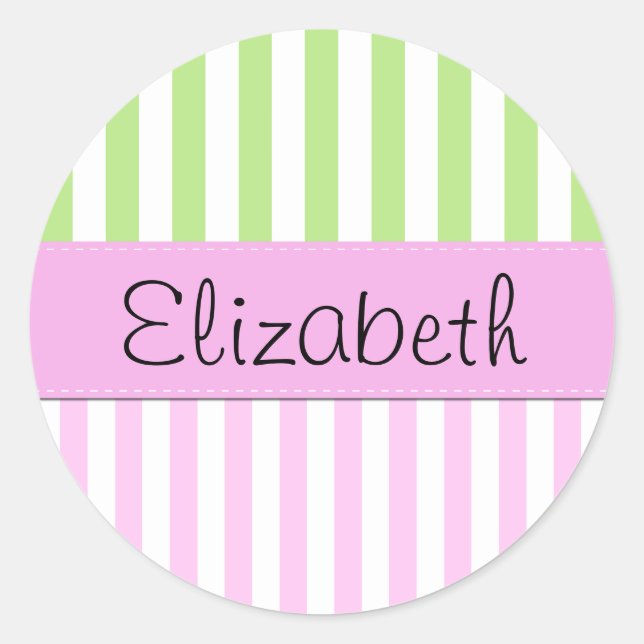 Pink Stripes, Green Stripes, Lines, Your Name Classic Round Sticker (Front)