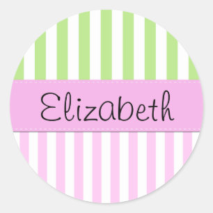 Pink Stripes, Green Stripes, Lines, Your Name Classic Round Sticker