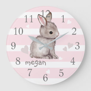 Pink Stripes Grey Bunny Nursery Wall Clock