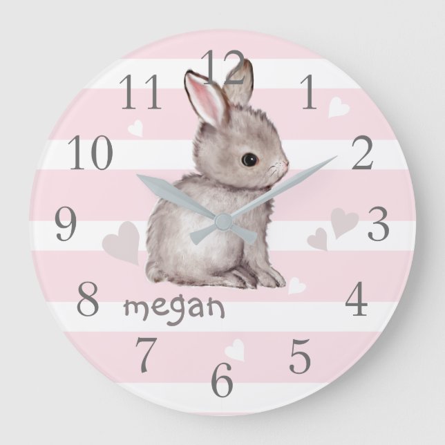 Pink Stripes Grey Bunny Nursery Wall Clock (Front)
