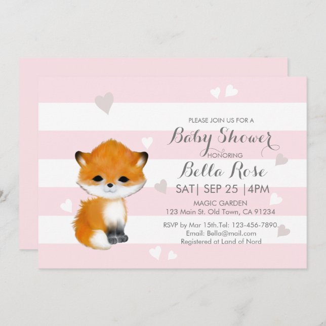 Pink Stripes  Heart Fox Baby Shower Invitation (Front/Back)