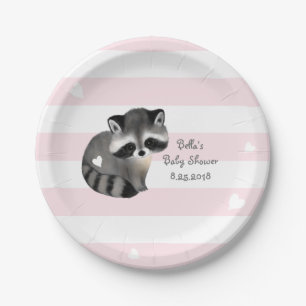 Pink Stripes Heart Racoon Party Paper Plate