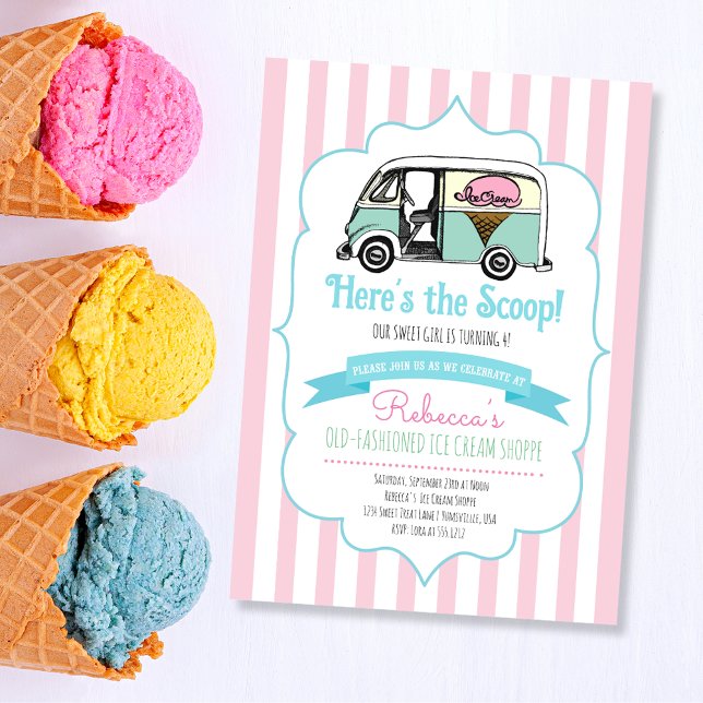 Pink Stripes Here's the Scoop Ice Cream Birthday Invitation (Creator Uploaded)