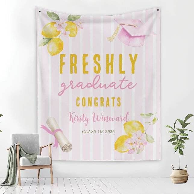 Pink Stripes Lemons and Flowers Graduation Tapestry (Creator Uploaded)