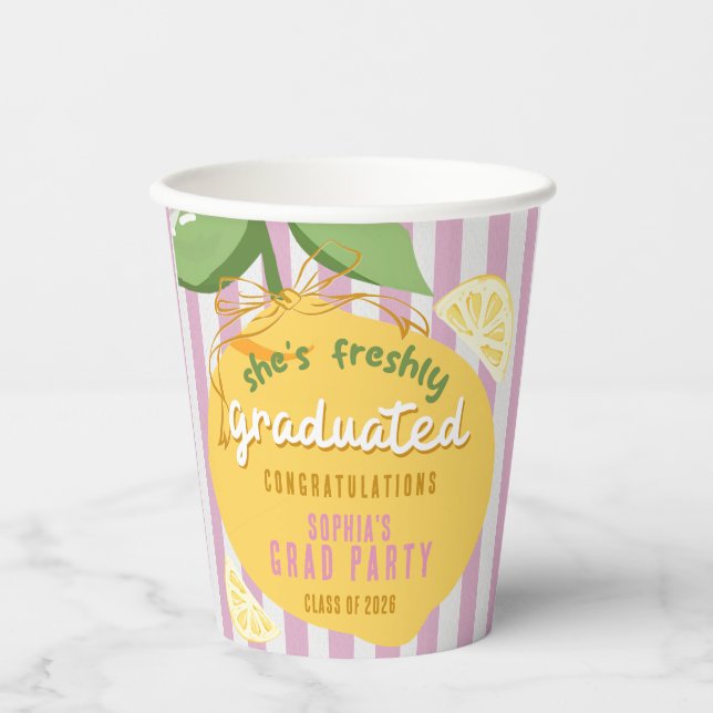 Pink Stripes Lemons Yellow bow Grad Paper Cups (Front)