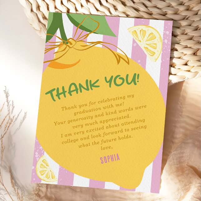 Pink Stripes Lemons yellow Bow Graduation Thank You Card (Creator Uploaded)
