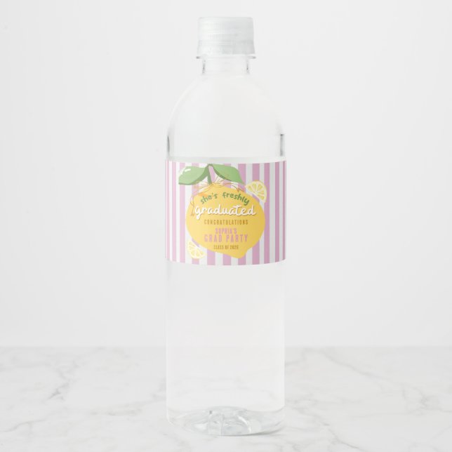 Pink Stripes Lemons Yellow Bow Graduation Water Bottle Label (Front)