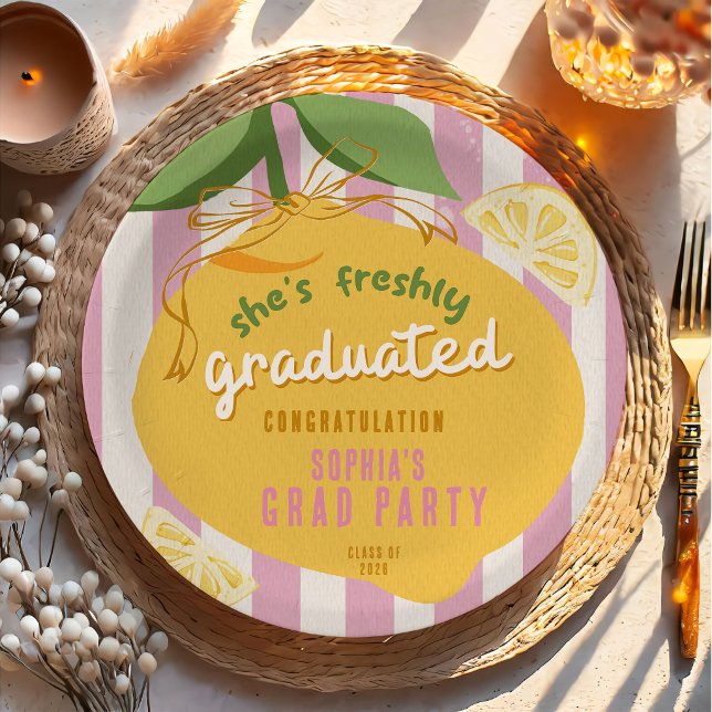 Pink Stripes Lemons yelow bow Graduation Paper Pap Plate (Creator Uploaded)
