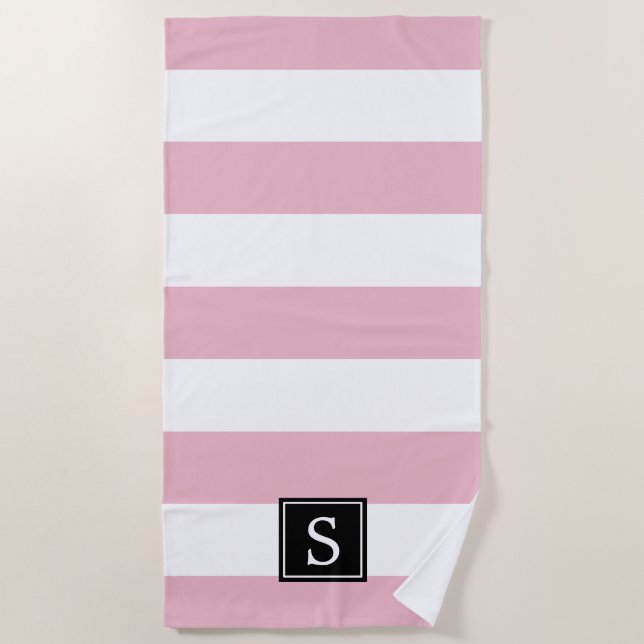 Pink Stripes, Lines, Striped Pattern, Monogram Beach Towel (Front)