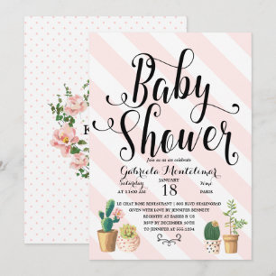 Pink Stripes Love Grows Sweet Cactus Baby Shower Invitation