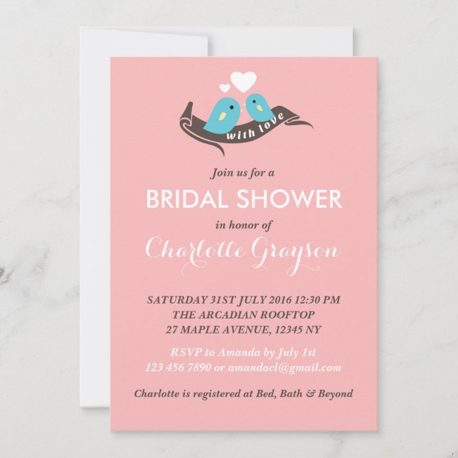 Pink Stripes Lovebirds Bridal Shower Invitation (Front)