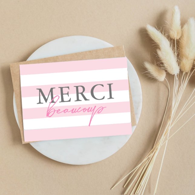 Pink Stripes Merci Beaucoup Folded Thank You Cards (Creator Uploaded)
