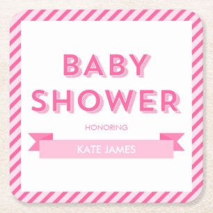 Pink Stripes Modern Baby Shower Square Paper Coaster
