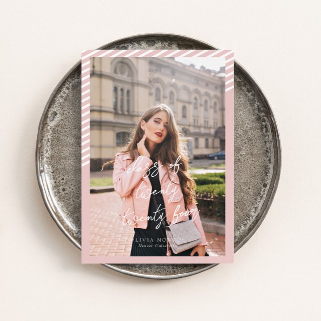Pink Stripes Modern Minimalist Photo Graduation Invitation (Creator Uploaded)