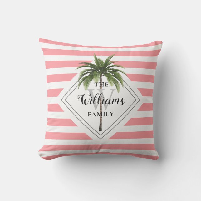 Pink Stripes Monogram Name Tropical Outdoor Cushion (Front)