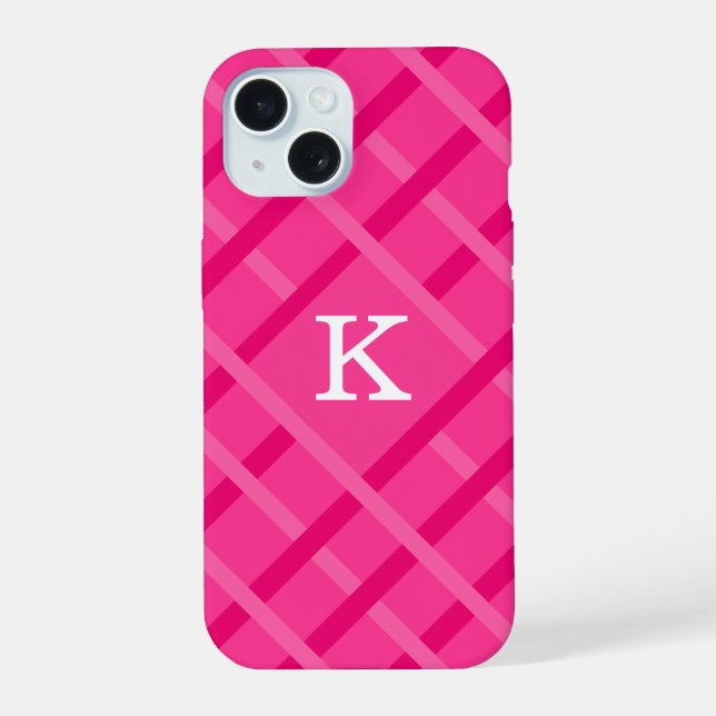 Pink Stripes Pattern Design Single Initial iPhone 15 Case (Back)