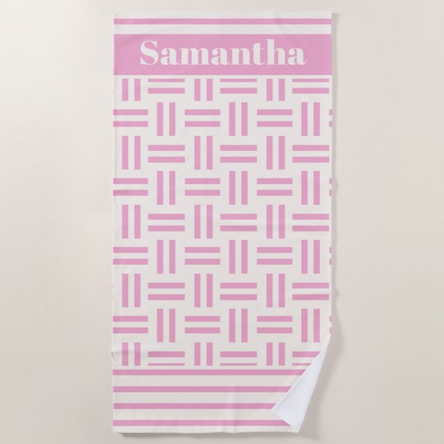 Pink Stripes Pattern Monogram Name Beach Towel (Front)