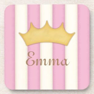 Pink Stripes Personalised Name Princess Crown Coaster