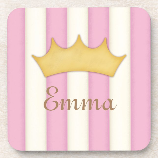 Pink Stripes Personalised Name Princess Crown Coaster (Front)