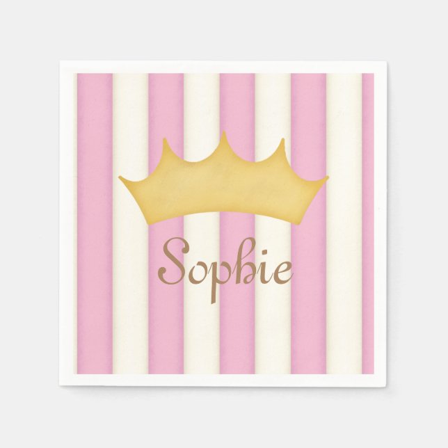 Pink Stripes Personalised Name Princess Crown Napkin (Front)