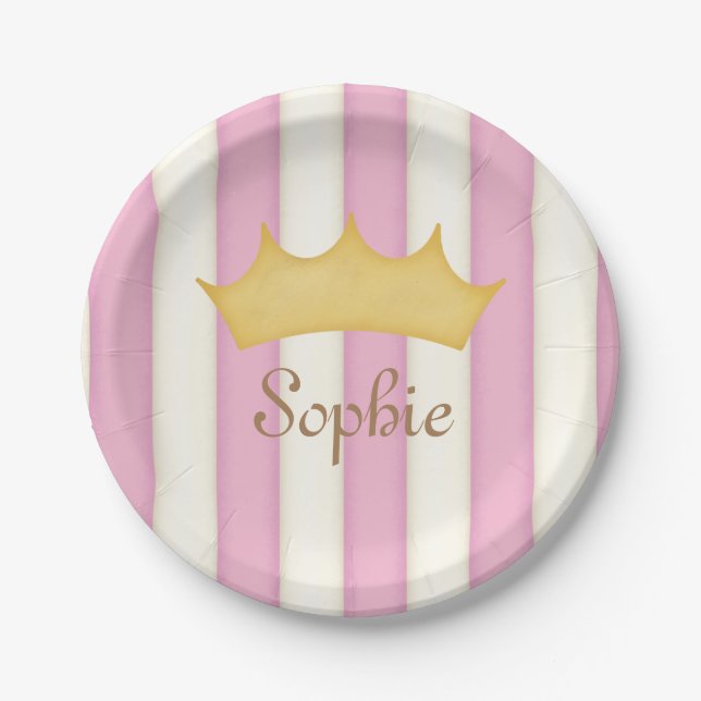 Pink Stripes Personalised Name Princess Crown Pape Paper Plate (Front)