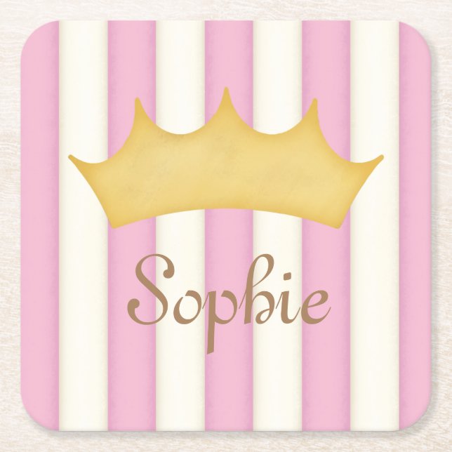 Pink Stripes Personalised Name Princess Crown Square Paper Coaster (Front)