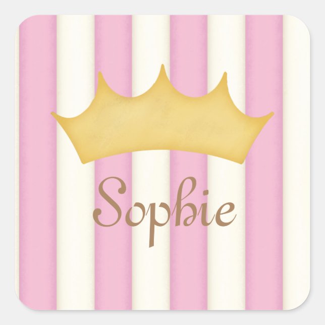 Pink Stripes Personalised Name Princess Crown Square Sticker (Front)