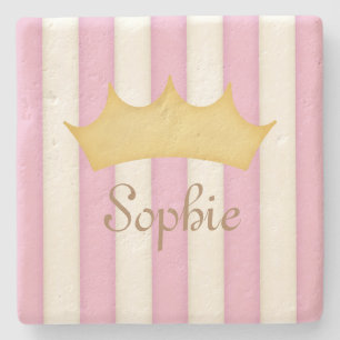 Pink Stripes Personalised Name Princess Crown Stone Coaster