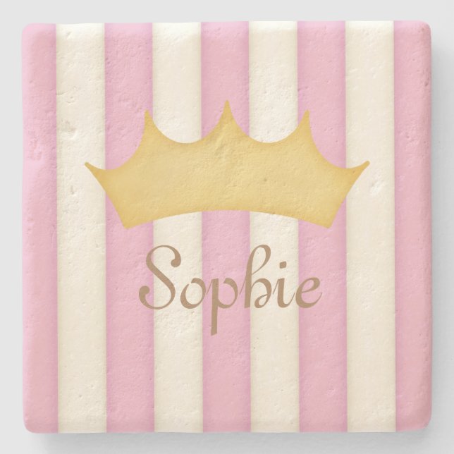 Pink Stripes Personalised Name Princess Crown Stone Coaster (Front)