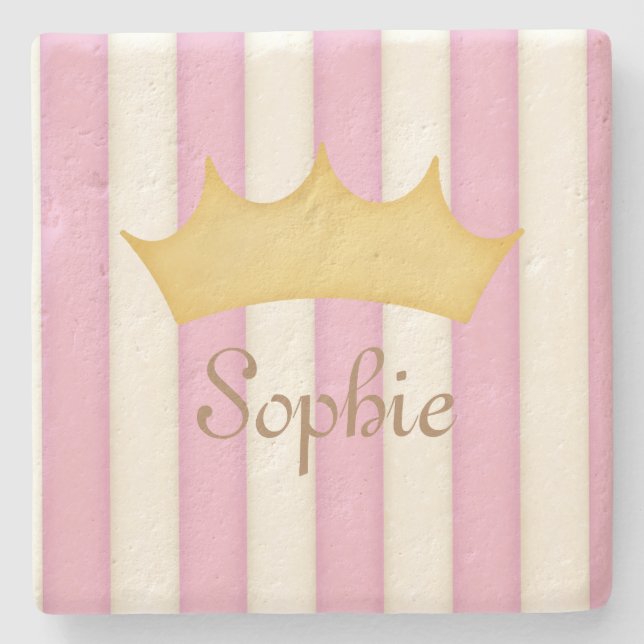 Pink Stripes Personalised Name Princess Crown Stone Coaster (Front)