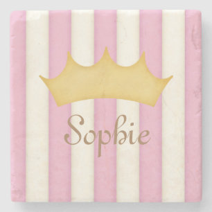 Pink Stripes Personalised Name Princess Crown Stone Coaster