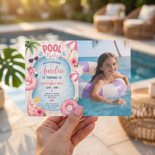 Pink Stripes Pool Party Girl Birthday Invitation