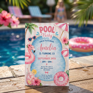 Pink Stripes Pool Party Girl Birthday Invitation