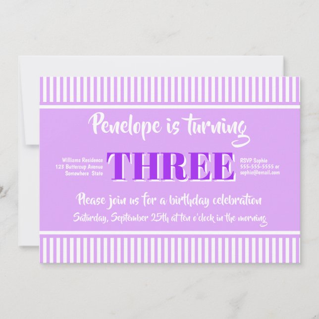 Pink Stripes Purple 3rd Birthday Party Invitation (Front)