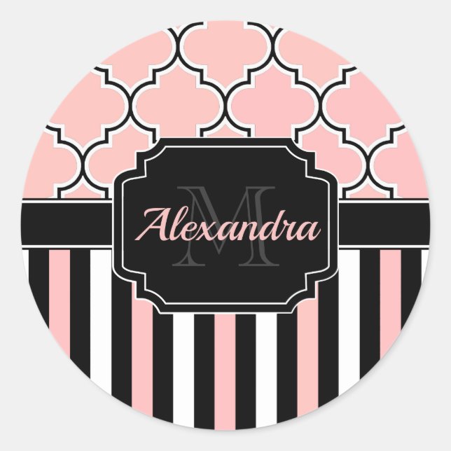 Pink Stripes & Quatrefoil Classic Round Sticker (Front)