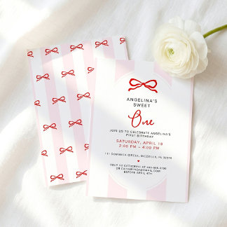 Pink Stripes & Red Bow Sweet One First Birthday Invitation